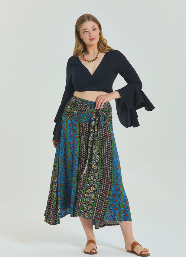 Gipe Waist Tied Navy Blue Plus Size Skirt 4597